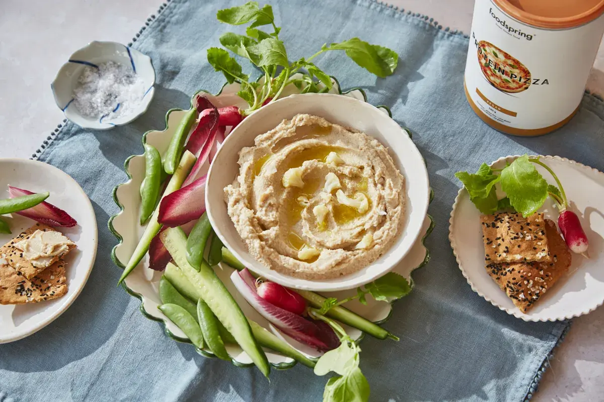 Cauliflower Hummus with Protein Crackers